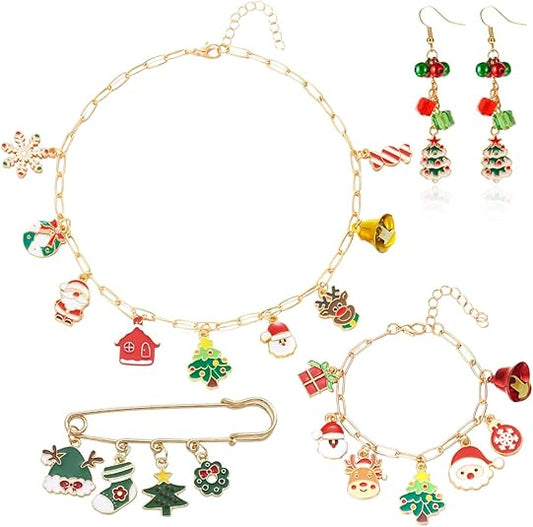 4pcs Christmas Jewelry Set Gifts for Women, Atarvana Xmas Necklace, Earrings, Bracelet, Brooch for Women Stocking Stuffers Christmas Gift